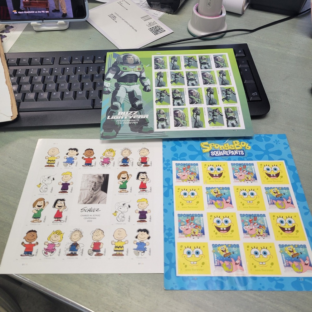 USPS Forever Stamps 3 Sheet Bundle Peanuts Buzz Lightyear SpongeBob SquarePants